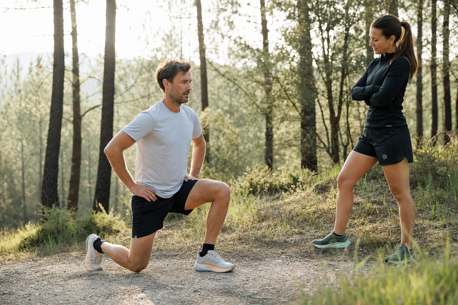 Une coureuse réalise un exercice de renforcement près d’un sentier sous le regard d’un accompagnant.