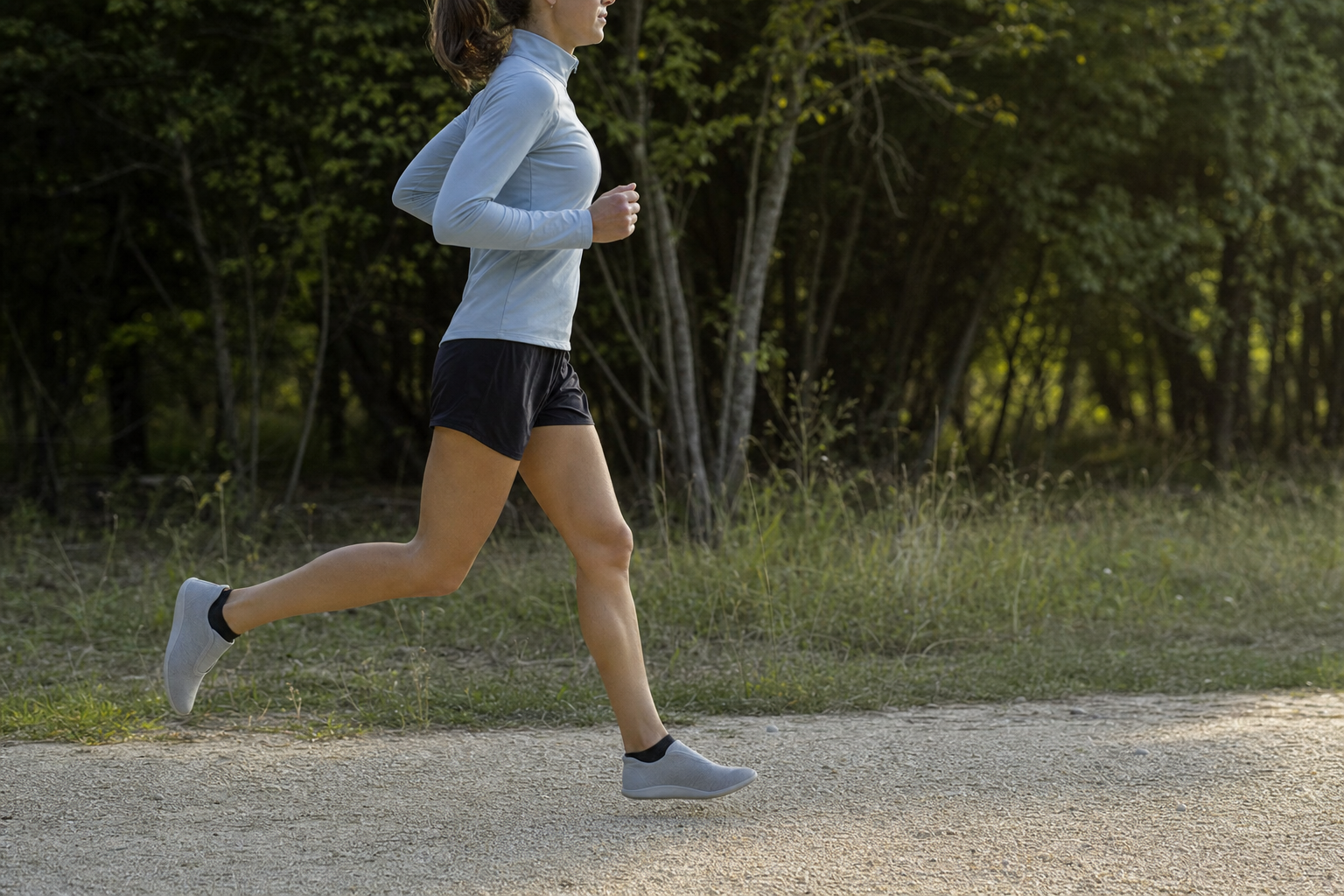 Une coureuse effectue un footing facile sur un chemin régulier pendant une transition progressive de chaussures.