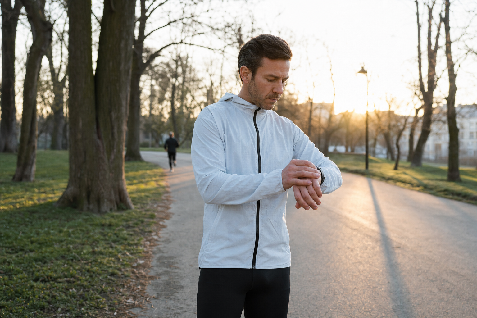 Un coureur consulte sa montre au bord d’un chemin avant de décider comment adapter sa séance.