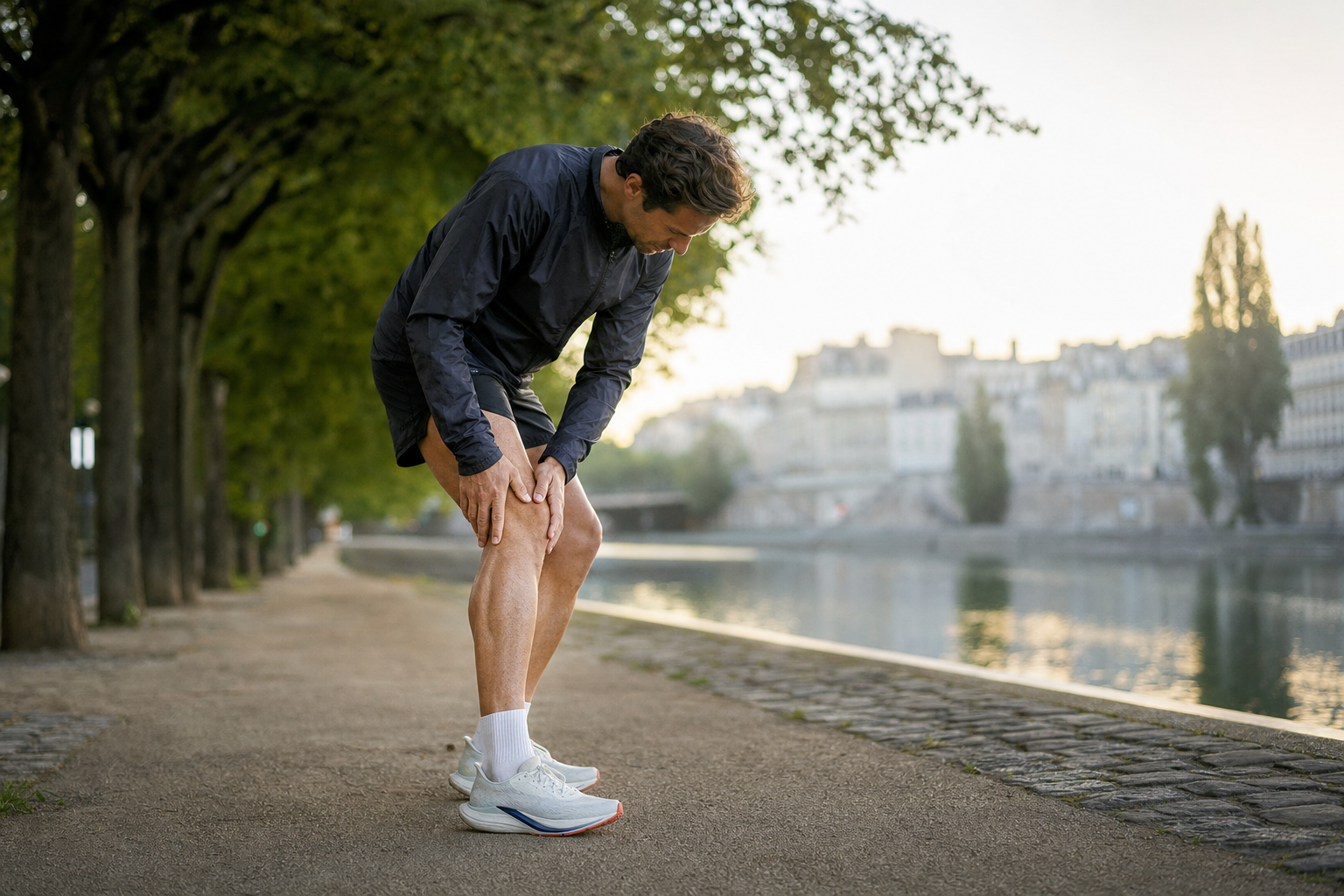 Coureur en préparation marathon faisant une pause pour évaluer l’état de ses jambes au bord d’un chemin.