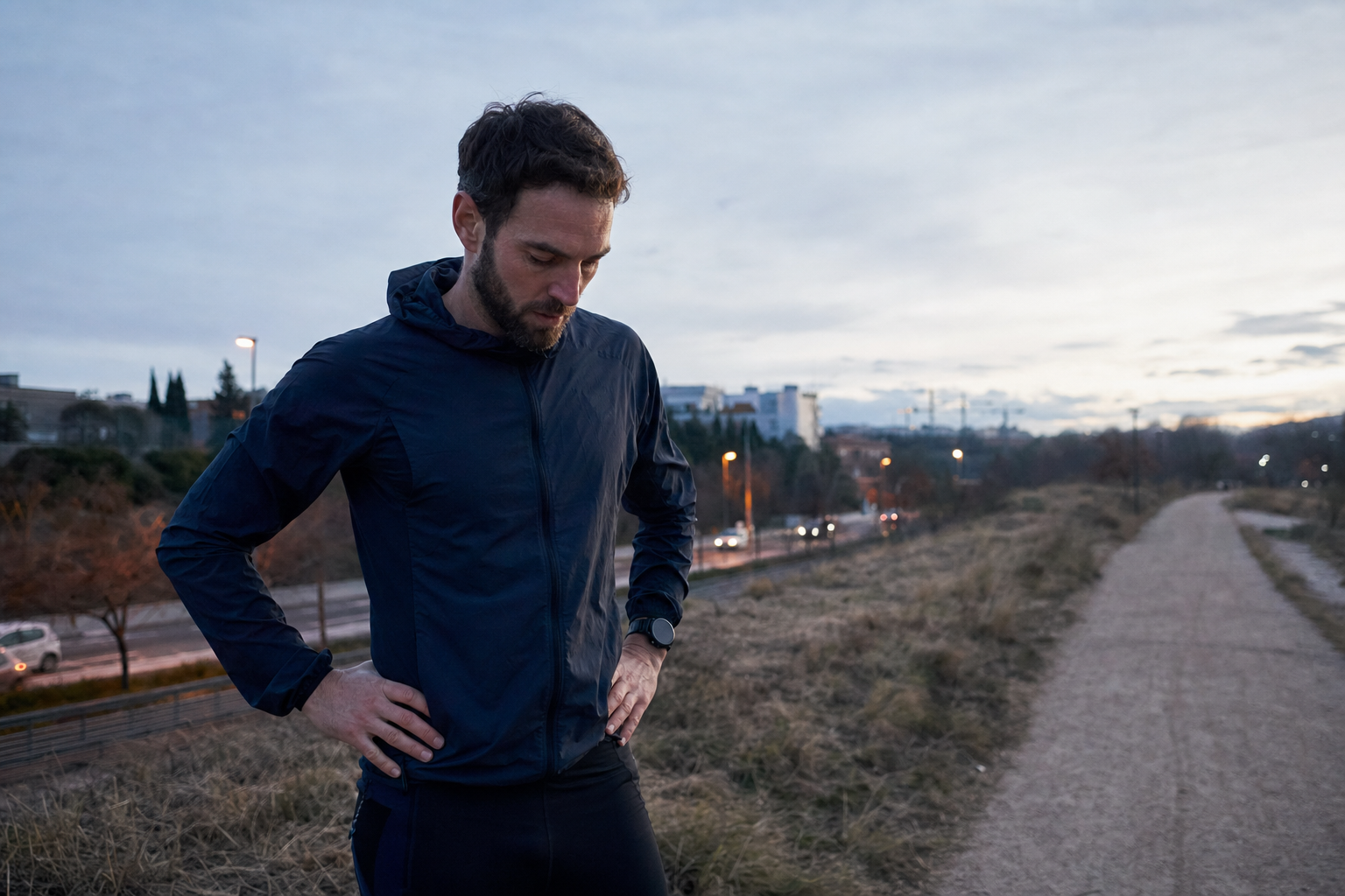 Un coureur fatigué hésite à commencer sa séance au lever du jour après une nuit sans sommeil.