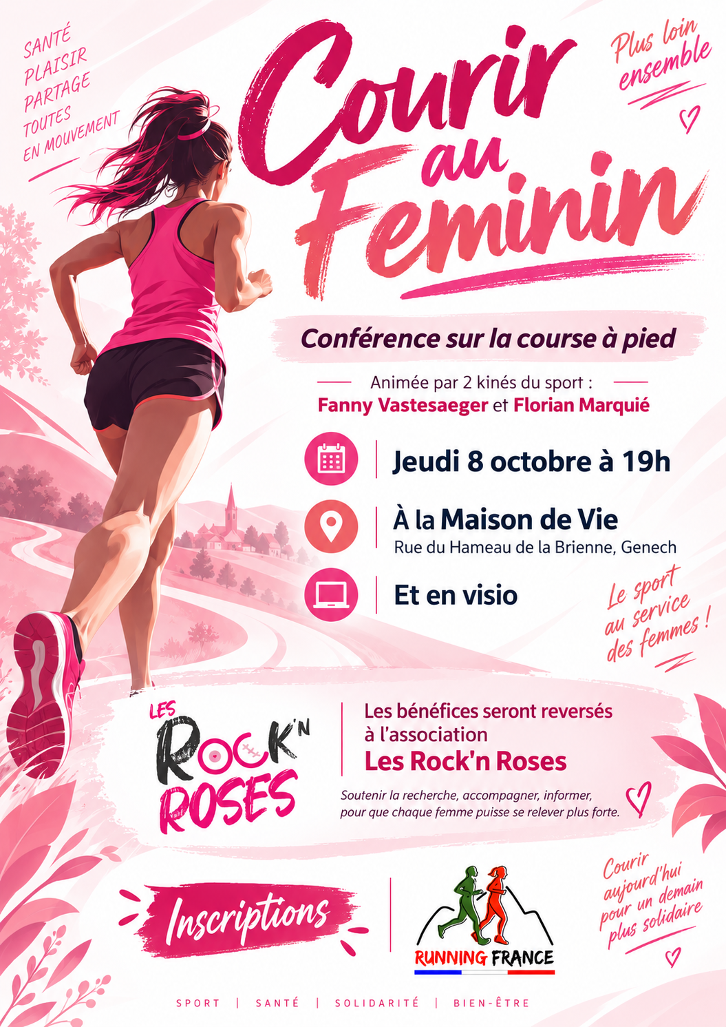 Affiche Courir au Féminin — conférence avec Fanny Vastesaeger et Florian Marquié, au profit des Rock’n Roses